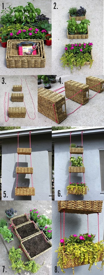 Un jardín colgante hecho con cestas